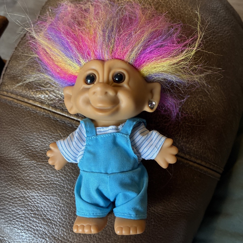 Vintage Bright of America Troll Doll Plaid Overalls Rainbow Hair Earring 90s
